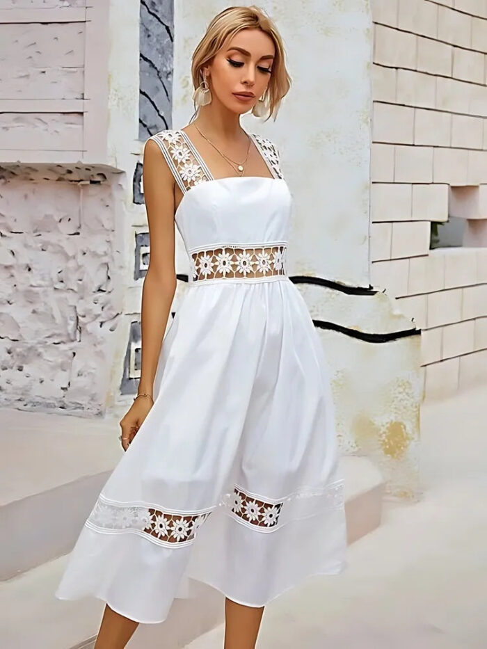 Stylish white lace crochet dress with crepe fabric