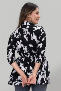elegant black crepe tunic with ruffle neck for casual wear
