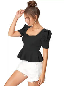 elegant black short-sleeve polyester top perfect for casual outings