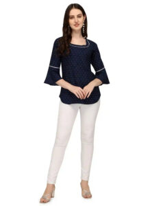 elegant blue polka dot tunic with bell sleeves for women