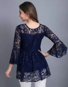 elegant blue self-design russle net top with crepe inner for women