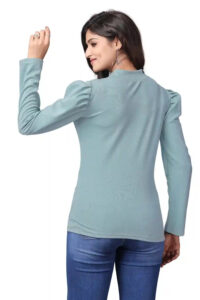 elegant light green solid t-shirt with puff sleeve design for women