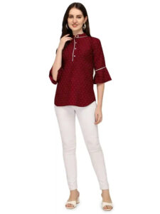 elegant maroon crepe tunic with collar neck for casual wear