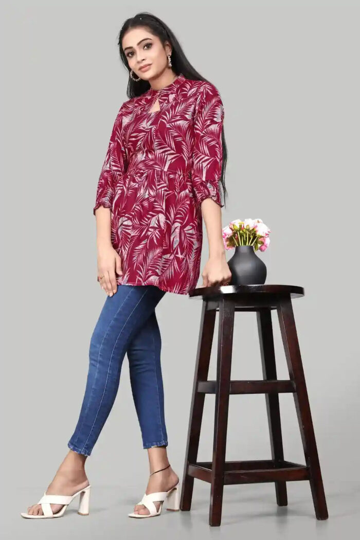 elegant maroon keyhole neck tunic top with leaf print for women