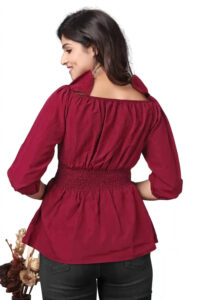 elegant maroon off-shoulder neck crepe top with ruffle detail