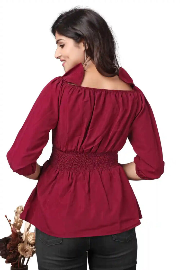 elegant maroon off-shoulder neck crepe top with ruffle detail