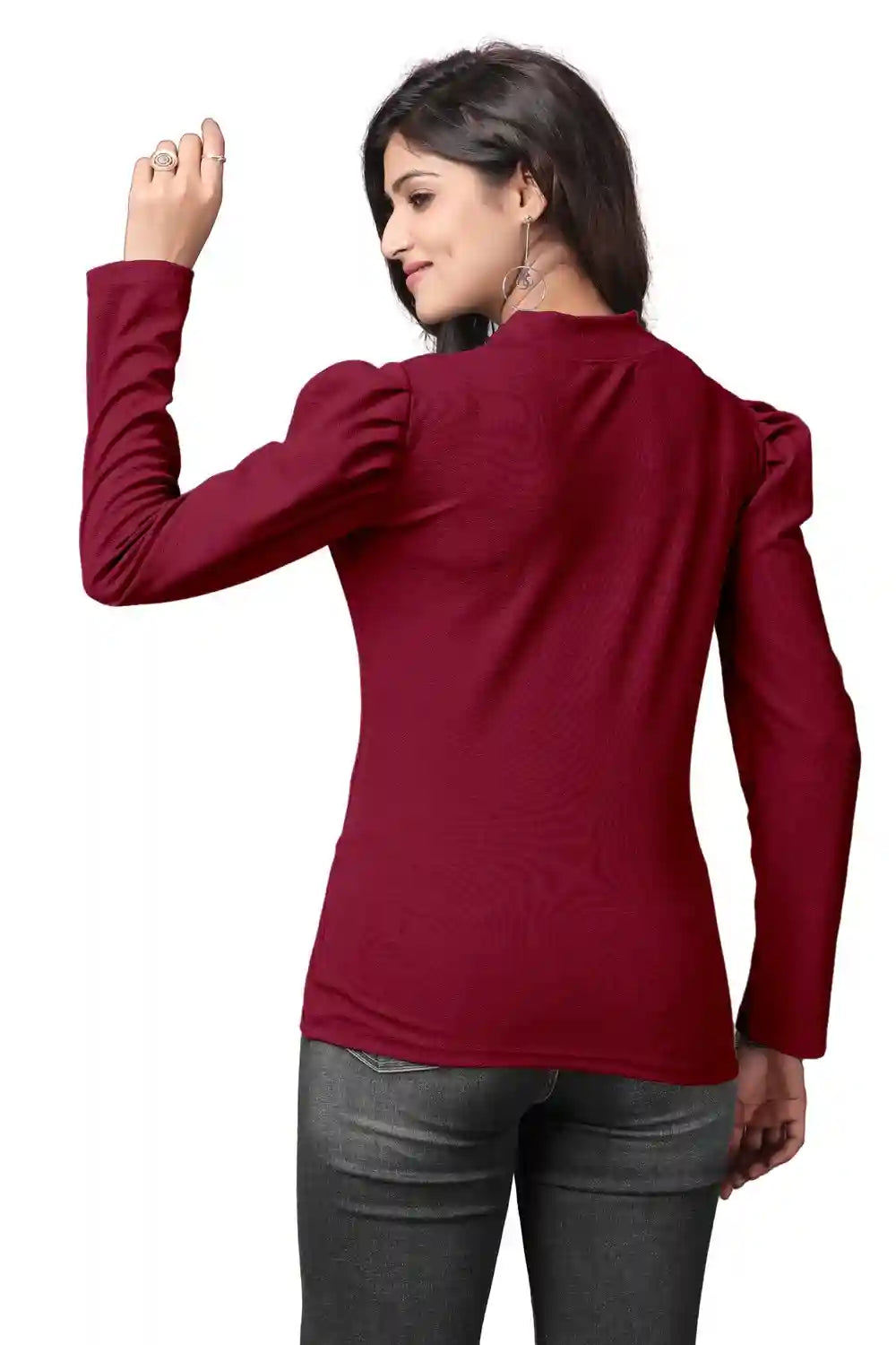 elegant maroon polyester t-shirt with trendy puff sleeves for women
