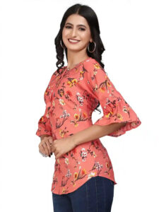 elegant orange floral pattern crepe tunic with bell sleeves