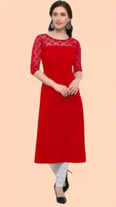 elegant red solid kurti with three-quarter sleeves
