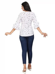 elegant white keyhole neck crepe tunic with bell sleeves