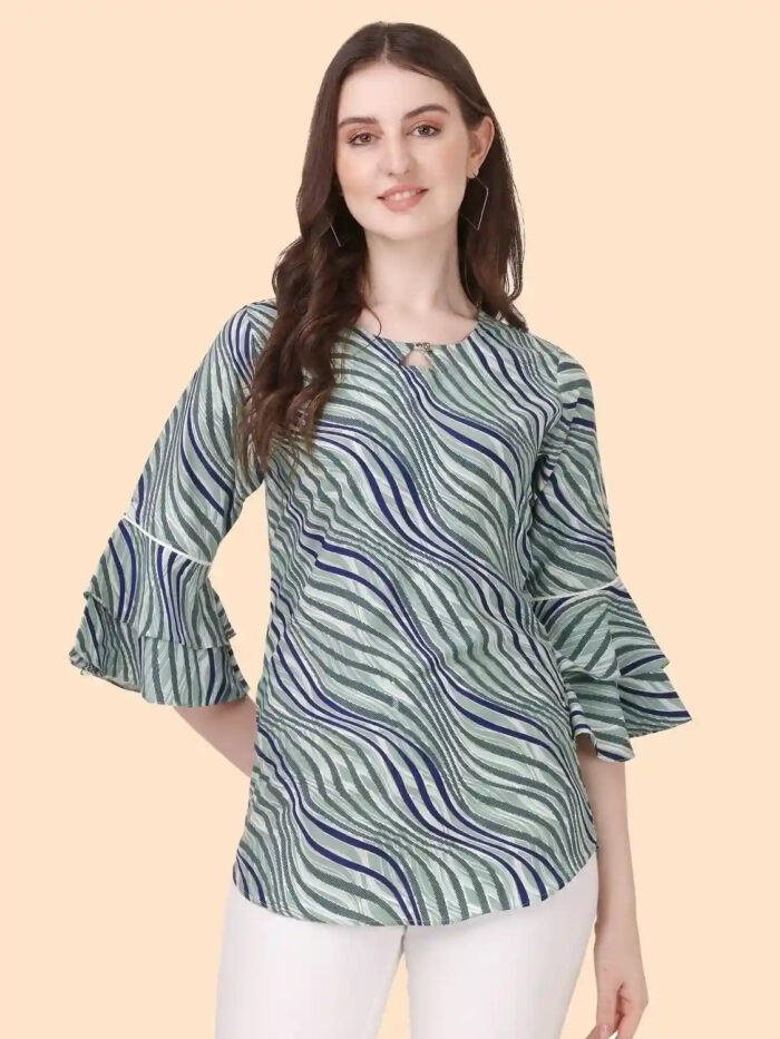 fashionable green striped tunic top with crepe fabric for casual wear