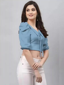 fashionable light blue short sleeve crop top with tie-up neck design