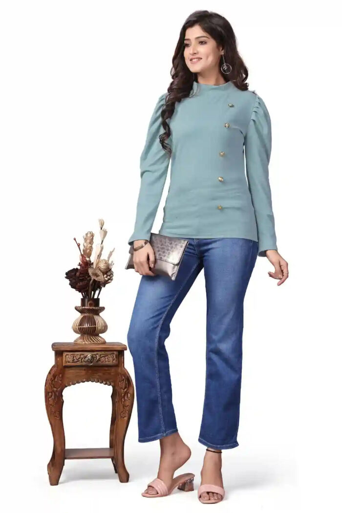 fashionable light green puff sleeve t-shirt in polyester for casual wear