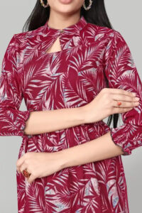 fashionable maroon floral rayon tunic with three-quarter sleeves