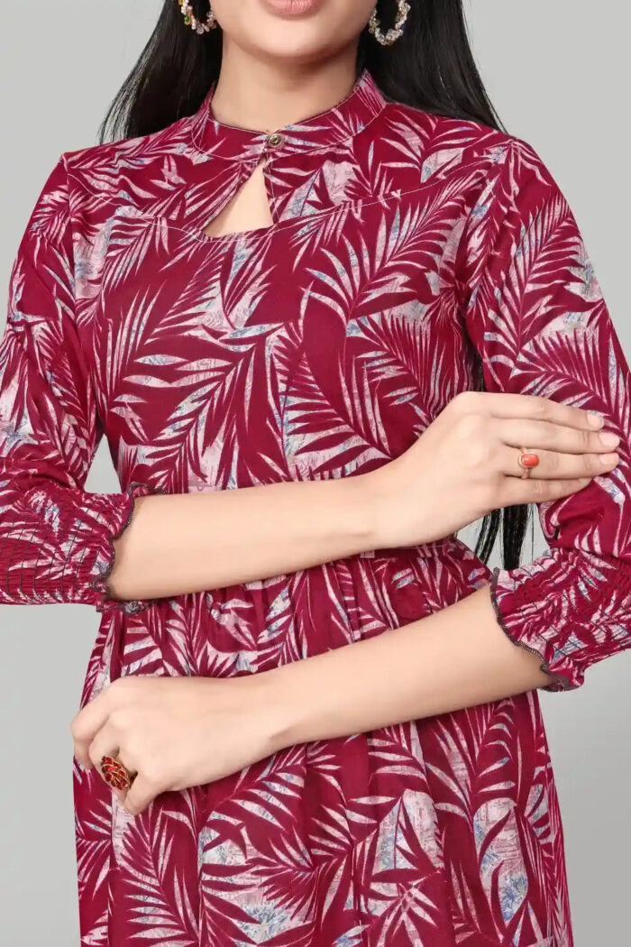 fashionable maroon floral rayon tunic with three-quarter sleeves