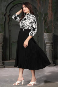 Casual & party wear black and white floral crepe dress with full sleeves