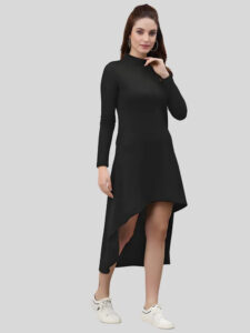 Black full-sleeve high low polyester bodycon dress by ZELZIS