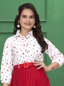 Full sleeve red & white crepe Christmas party dress for women