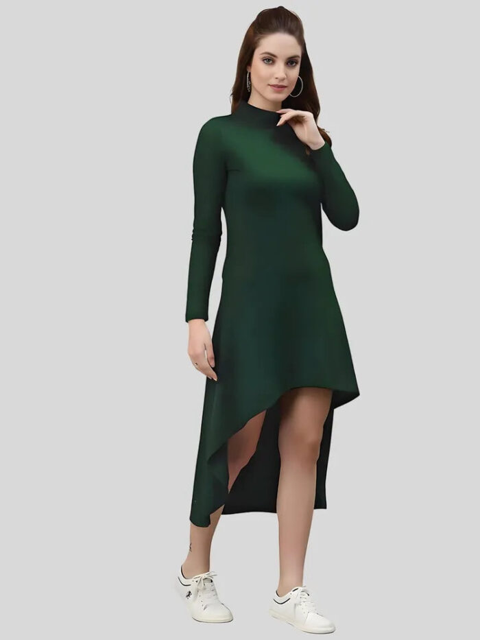 Green high low full sleeve polyester bodycon dress by ZELZIS