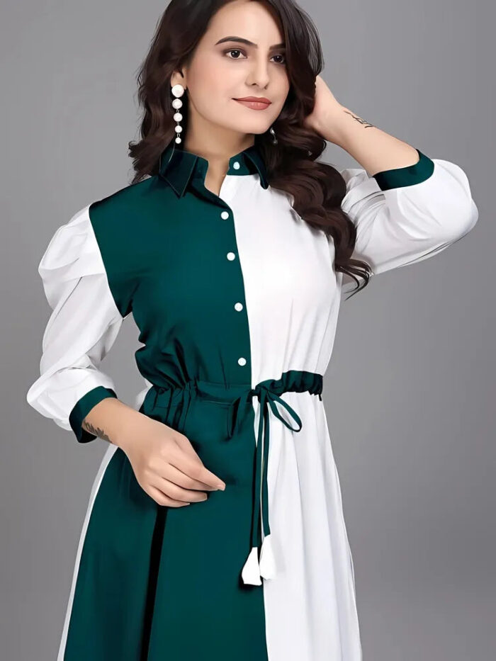 Green pure cotton colourblock casual & party wear dress with inner and comfortable belt