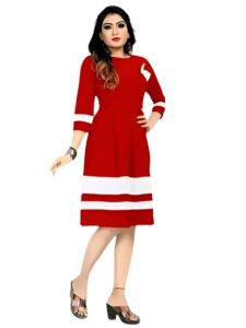 Ideal for women, red solid fit & flare knee-length crepe dress by ZELZIS