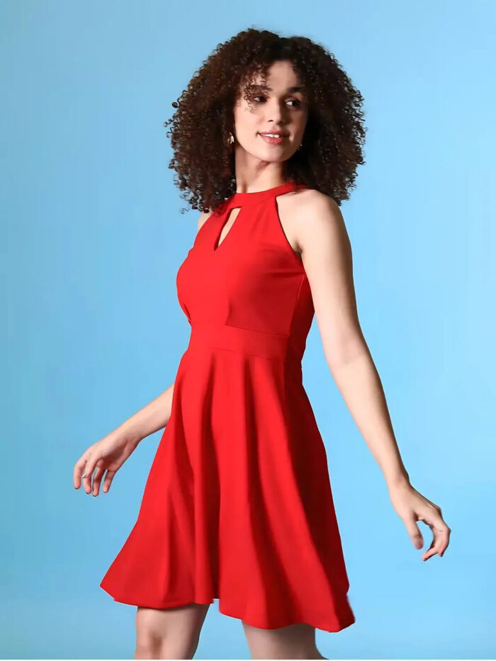 keyhole neckline on ZELZIS red solid dress for women