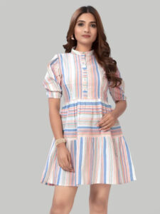 Knee-length peach stripe cotton fit & flare dress with collar neck
