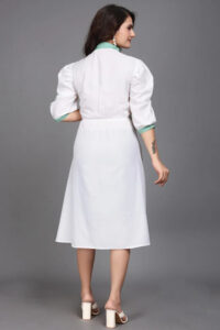Light green calf-length fit & flare dress with full sleeves