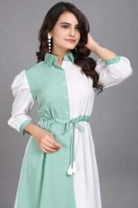 Light green pure cotton colourblock casual & party wear fit & flare dress with comfortable belt