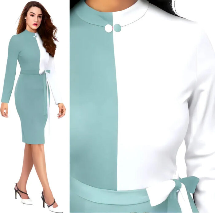 Light green & white colourblock polyester bodycon dress with comfortable belt by ZELZIS