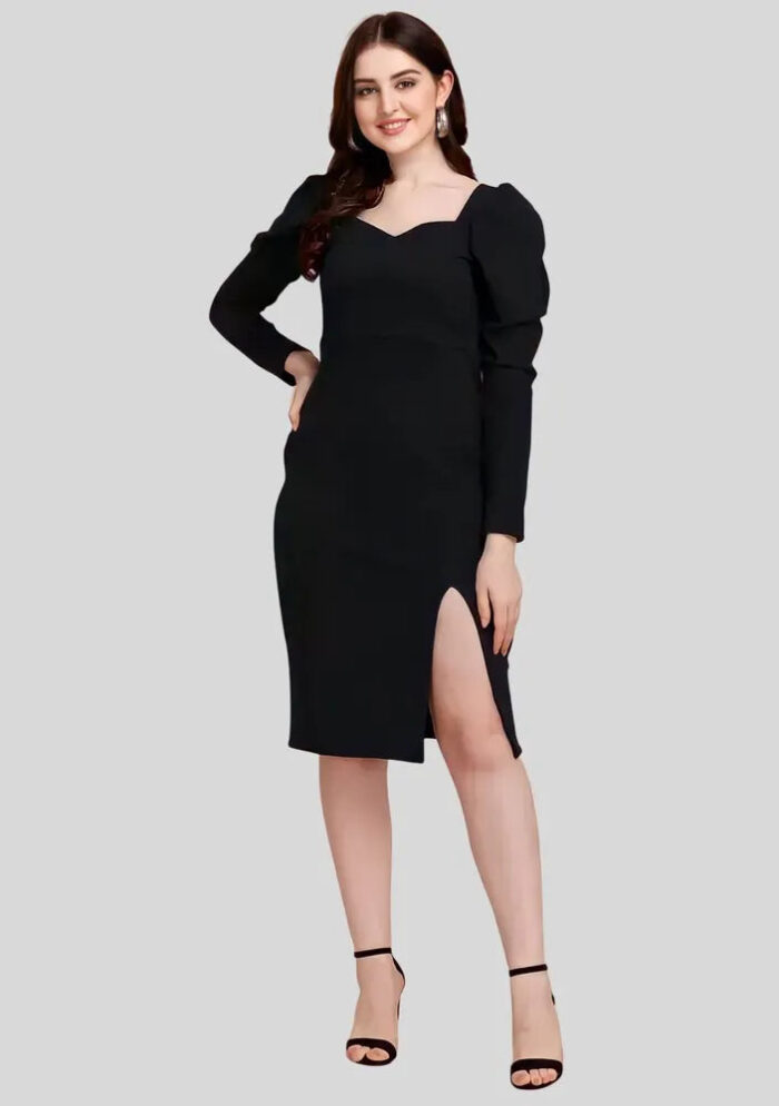 Black sweetheart neck bodycon dress with knee length ideal for machine-hand wash by ZELZIS