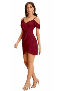 Maroon polyester knee length party dress with shoulder strap, machine-hand-washable by ZELZIS
