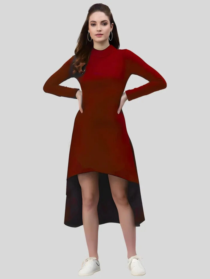 Maroon high low polyester western bodycon dress made in India by ZELZIS