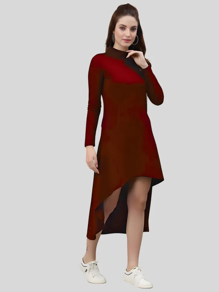 Maroon high low polyester western bodycon dress by ZELZIS