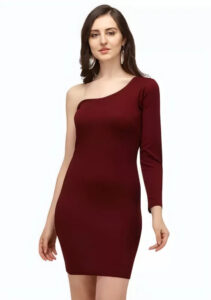 Maroon one shoulder dress in polyester fabric for casual and party wear