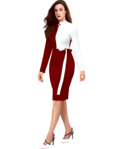 Maroon & white colourblock polyester bodycon dress by ZELZIS