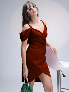 maroon polyester knee length party wear dress by zelzis