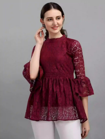 maroon solid net top with crepe inner for women