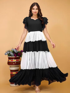ZELZIS black & white colourblocked solid maxi dress with short flared sleeves