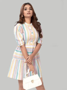 Orange stripe fit & flare party wear cotton dress by ZELZIS