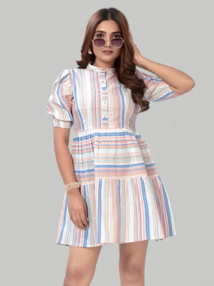 Peach stripe fit & flare party wear cotton dress by ZELZIS

