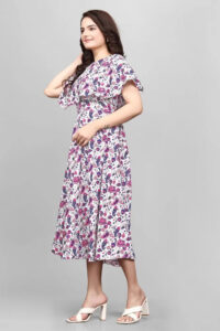 Pink floral flared sleeve wrap maxi dress for women by ZELZIS