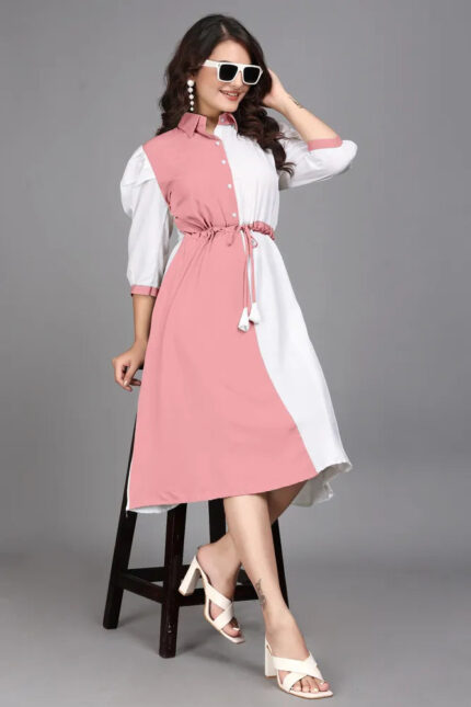 Pink pure cotton colourblock knee-length fit and flare dress with inner

