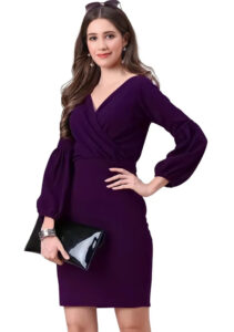 Purple V-neck party wear polyester bodycon dress by ZELZIS