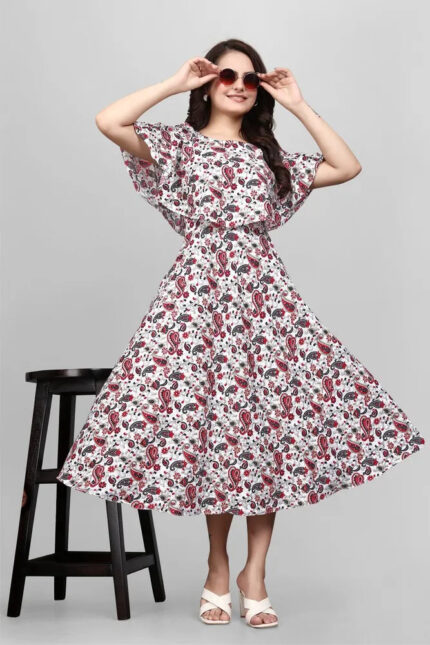 Red mango floral flared sleeve wrap maxi crepe dress by ZELZIS

