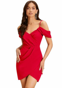 Red shoulder strap party wear polyester knee-length dress by ZELZIS