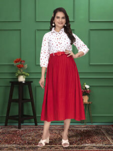 Red & white Christmas party dress with round cowl neck