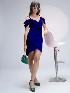 short sleeve cold shoulder blue dress for party