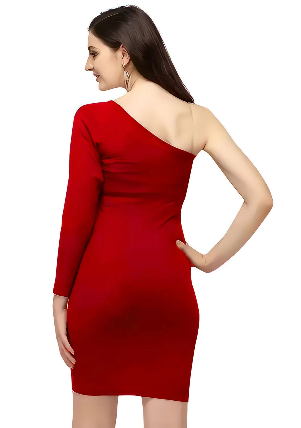 solid red knee length bodycon dress with full sleeve by ZELZIS