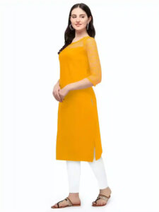 solid yellow A-line kurtis with three-quarter sleeves